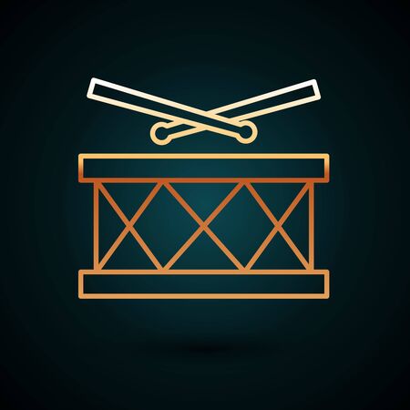 Gold line Drum with drum sticks icon isolated on dark blue background. Music sign. Musical instrument symbol. Vector Illustrationのイラスト素材