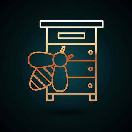 Gold line Hive for bees icon isolated on dark blue background. Beehive symbol. Apiary and beekeeping. Sweet natural food. Vector Illustrationのイラスト素材