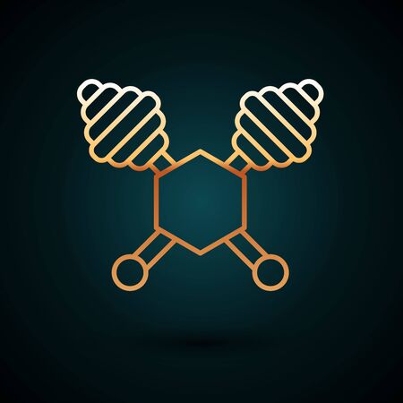 Gold line Honey dipper stick icon isolated on dark blue background. Honey ladle. Vector Illustrationのイラスト素材