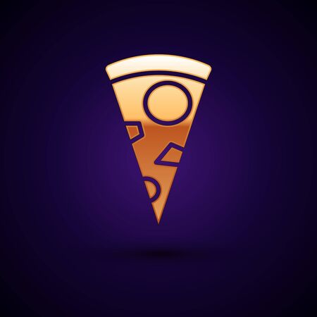 Gold Slice of pizza icon isolated on dark blue background. Vector Illustrationのイラスト素材