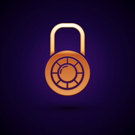 Gold Safe combination lock wheel icon isolated on dark blue background. Combination padlock. Security, safety, protection, password, privacy. Vector Illustrationのイラスト素材