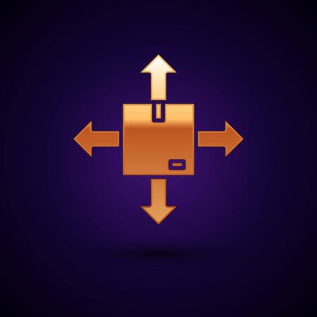 Gold Cardboard box with traffic symbol icon isolated on dark blue background. Box, package, parcel sign. Delivery, transportation and shipping. Vector Illustrationのイラスト素材