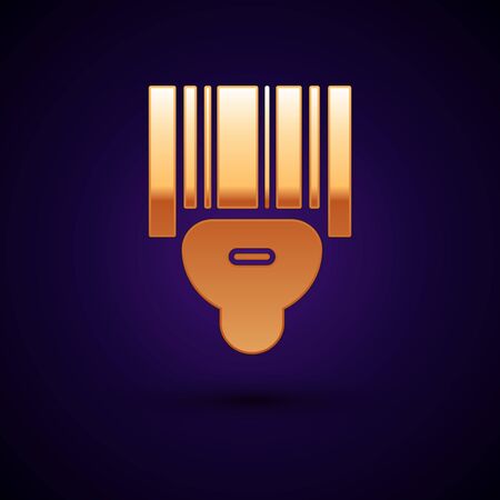 Gold Scanner scanning bar code icon isolated on dark blue background. Barcode label sticker. Identification for delivery with bars. Vector Illustrationのイラスト素材
