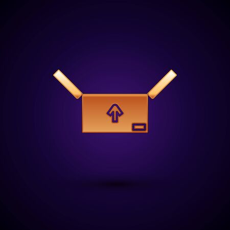 Gold Cardboard box with traffic symbol icon isolated on dark blue background. Box, package, parcel sign. Delivery, transportation and shipping. Vector Illustrationのイラスト素材