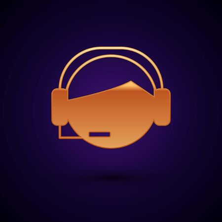 Gold Man with a headset icon isolated on dark blue background. Support operator in touch. Concept for call center, client support service. Vector Illustrationのイラスト素材