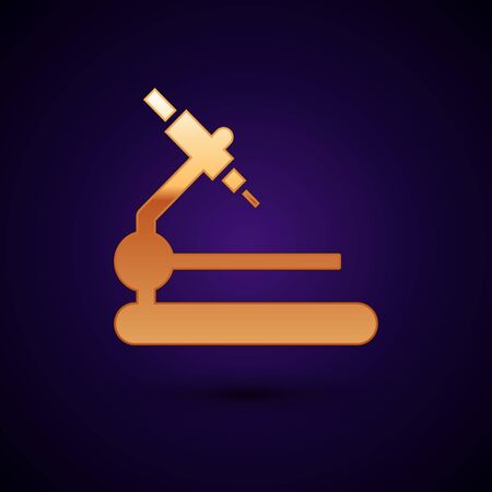Gold Microscope icon isolated on dark blue background. Chemistry, pharmaceutical instrument, microbiology magnifying tool. Vector Illustrationのイラスト素材