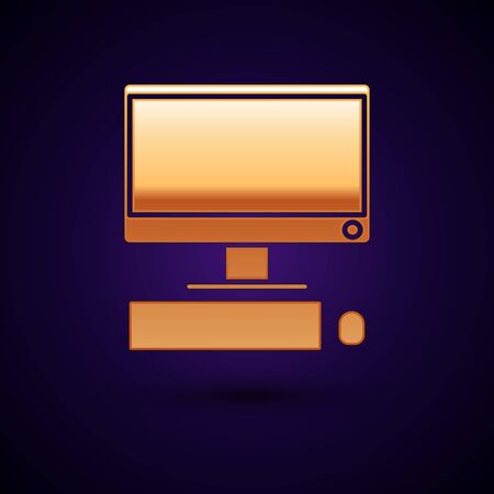 Gold Computer monitor with keyboard and mouse icon isolated on dark blue background. PC component sign. Vector Illustrationのイラスト素材