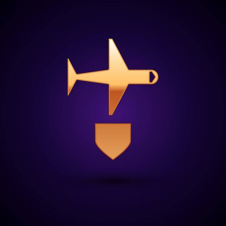 Gold Plane with shield icon isolated on dark blue background. Flying airplane. Airliner insurance. Security, safety, protection, protect concept. Vector Illustrationのイラスト素材