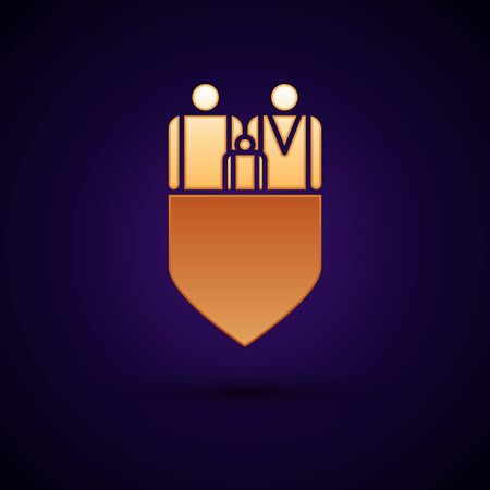 Gold Family insurance with shield icon isolated on dark blue background. Security, safety, protection, protect concept. Vector Illustrationのイラスト素材
