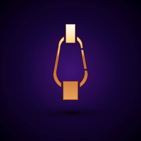 Gold Carabiner icon isolated on dark blue background. Extreme sport. Sport equipment. Vector Illustrationのイラスト素材