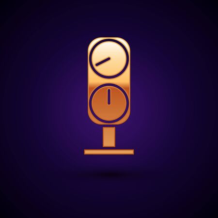 Gold Gauge scale icon isolated on dark blue background. Satisfaction, temperature, manometer, risk, rating, performance, speed tachometer. Vector Illustrationのイラスト素材