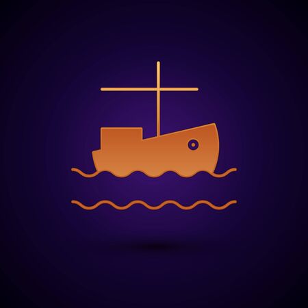 Gold Fishing boat on water icon isolated on dark blue background. Vector Illustrationのイラスト素材