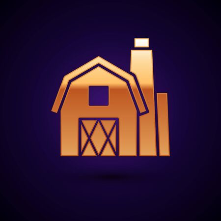 Gold Farm House concept icon isolated on dark blue background. Rustic farm landscape. Vector Illustrationのイラスト素材