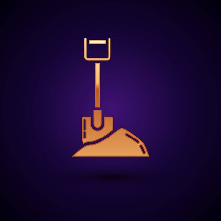 Gold Shovel in the ground icon isolated on dark blue background. Gardening tool. Tool for horticulture, agriculture, farming. Vector Illustrationのイラスト素材