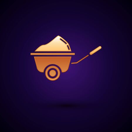 Gold Wheelbarrow with dirt icon isolated on dark blue background. Tool equipment. Agriculture cart wheel farm. Vector Illustrationのイラスト素材