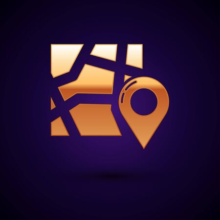 Gold Folded map with location marker icon isolated on dark blue background. Vector Illustrationのイラスト素材