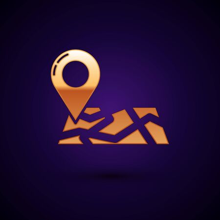 Gold Folded map with location marker icon isolated on dark blue background. Vector Illustrationのイラスト素材