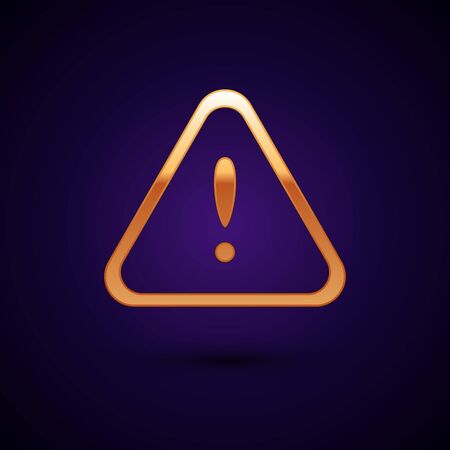 Gold Exclamation mark in triangle icon isolated on dark blue background. Hazard warning sign, careful, attention, danger warning important sign. Vector Illustrationのイラスト素材