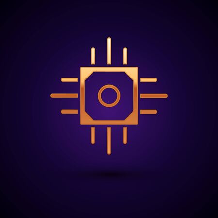 Gold Processor icon isolated on dark blue background. CPU, central processing unit, microchip, microcircuit, computer processor, chip. Vector Illustrationのイラスト素材