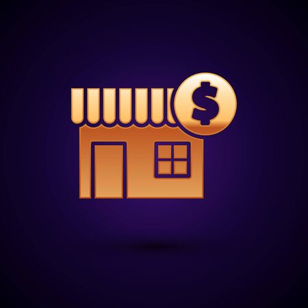 Gold House with dollar symbol icon isolated on dark blue background. Home and money. Real estate concept. Vector Illustrationのイラスト素材