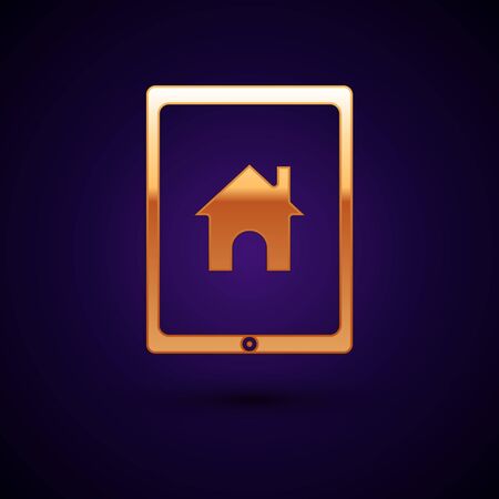 Gold Tablet and smart home icon isolated on dark blue background. Remote control. Vector Illustrationのイラスト素材