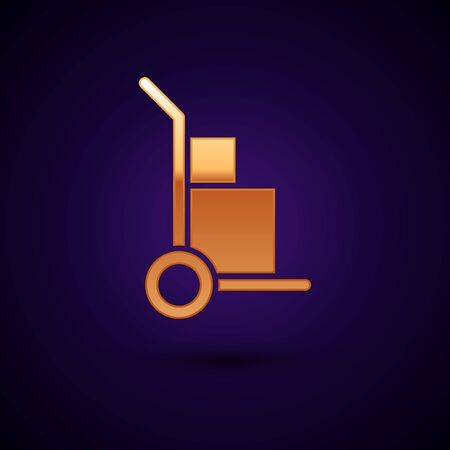 Gold Hand truck and boxes icon isolated on dark blue background. Dolly symbol. Vector Illustrationのイラスト素材