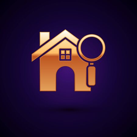 Gold Search house icon isolated on dark blue background. Real estate symbol of a house under magnifying glass. Vector Illustrationのイラスト素材