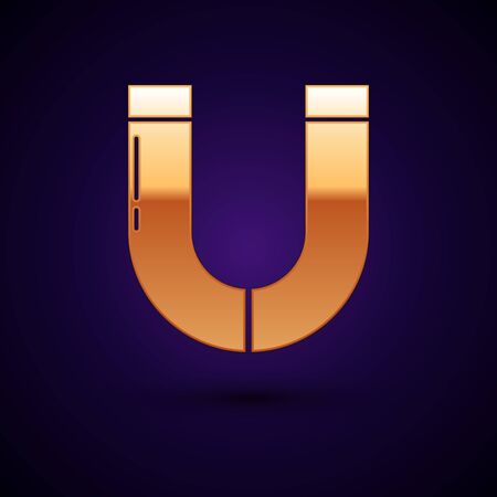 Gold Magnet icon isolated on dark blue background. Horseshoe magnet, magnetism, magnetize, attraction. Vector Illustrationのイラスト素材