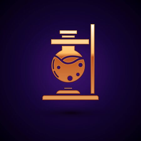 Gold Glass test tube flask on fire heater experiment icon isolated on dark blue background. Laboratory equipment. Vector Illustrationのイラスト素材