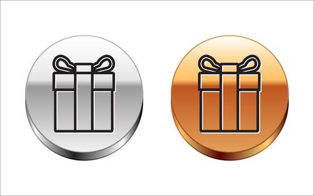Black line Gift box icon isolated on white background. Silver-gold circle button. Vector Illustrationのイラスト素材