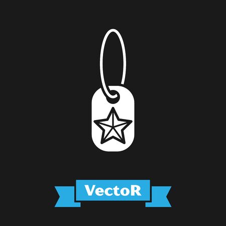 White Military dog tag icon isolated on black background. Identity tag icon. Army sign. Vector Illustrationのイラスト素材