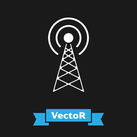 White Radar icon isolated on black background. Military search system. Vector Illustrationのイラスト素材