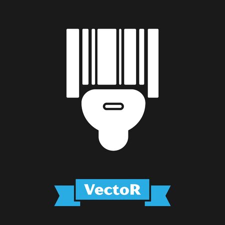 White Scanner scanning bar code icon isolated on black background. Barcode label sticker. Identification for delivery with bars. Vector Illustrationのイラスト素材