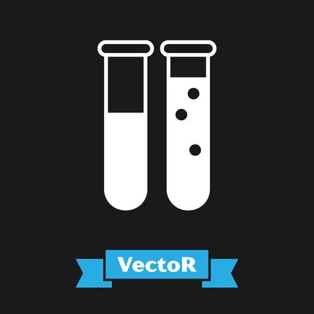 White Test tube and flask chemical laboratory test icon isolated on black background. Laboratory glassware sign. Vector Illustrationのイラスト素材