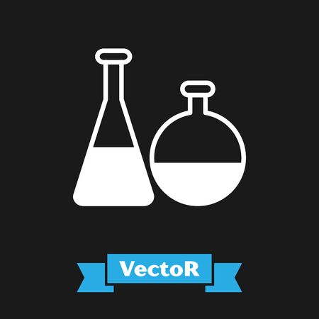 White Test tube and flask chemical laboratory test icon isolated on black background. Laboratory glassware sign. Vector Illustrationのイラスト素材