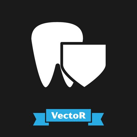 White Tooth with shield icon isolated on black background. Dental insurance. Security, safety, protection, protect concept. Vector Illustrationのイラスト素材