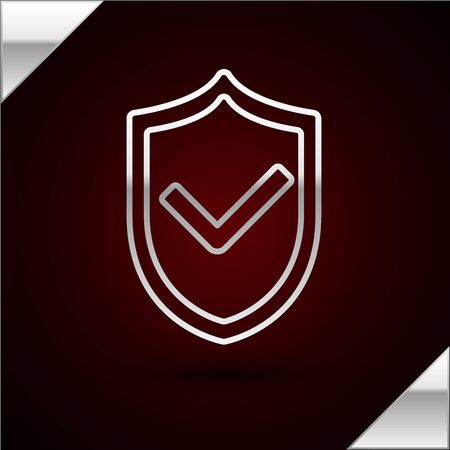 Silver line Shield with check mark icon isolated on dark red background. Protection symbol. Security check Icon. Tick mark approved icon. Vector Illustrationのイラスト素材