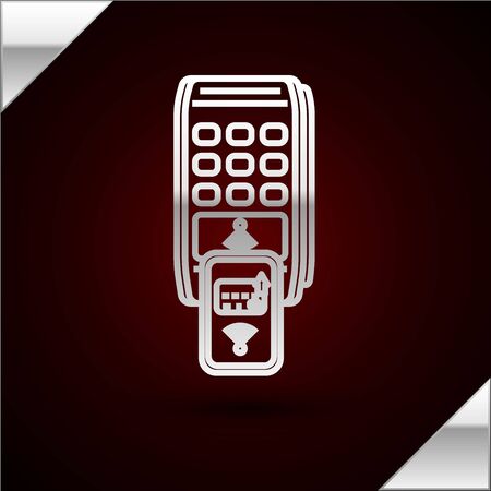 Silver line POS terminal with printed reciept and confirms the payment by smartphone icon isolated on dark red background. NFC payment concept. Vector Illustrationのイラスト素材
