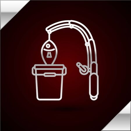 Silver line Fishing rod and fish icon isolated on dark red background. Put fish into a bucket. Fishing equipment and fish farming topics. Vector Illustrationnのイラスト素材