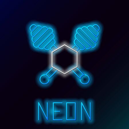 Blue glowing neon line Honey dipper stick icon isolated on black background. Honey ladle. Colorful outline concept. Vector Illustrationのイラスト素材