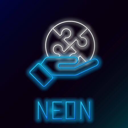 Blue glowing neon line Piece of puzzle in hand icon isolated on black background. Business, marketing, finance, template, layout, infographics concept. Colorful outline concept. Vector Illustrationのイラスト素材