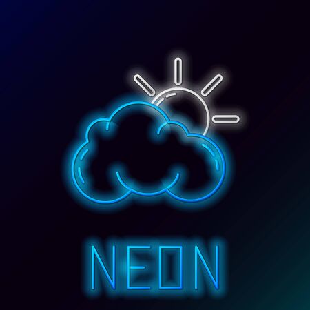 Blue glowing neon line Sun and cloud weather icon isolated on black background. Colorful outline concept. Vector Illustrationのイラスト素材