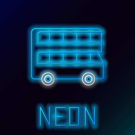 Blue glowing neon line Double decker bus icon isolated on black background. London classic passenger bus. Public transportation symbol. Colorful outline concept. Vector Illustrationのイラスト素材