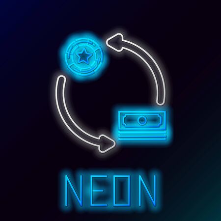 Blue glowing neon line Casino chips exchange on stacks of dollars icon isolated on black background. Colorful outline concept. Vector Illustrationのイラスト素材