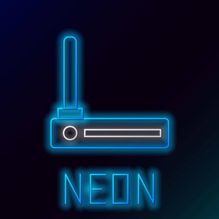 Blue glowing neon line Router and wifi signal symbol icon isolated on black background. Wireless modem router. Computer technology internet. Colorful outline concept. Vector Illustrationのイラスト素材