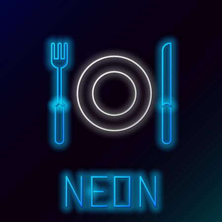 Blue glowing neon line Plate, fork and knife icon isolated on black background. Cutlery symbol. Restaurant sign. Colorful outline concept. Vector Illustrationのイラスト素材