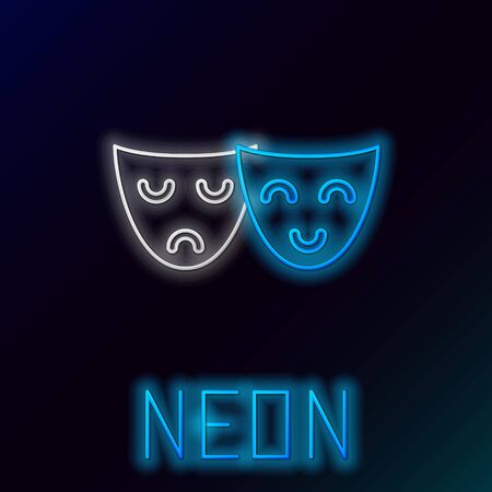 Blue glowing neon line Comedy and tragedy theatrical masks icon isolated on black background. Colorful outline concept. Vector Illustrationのイラスト素材