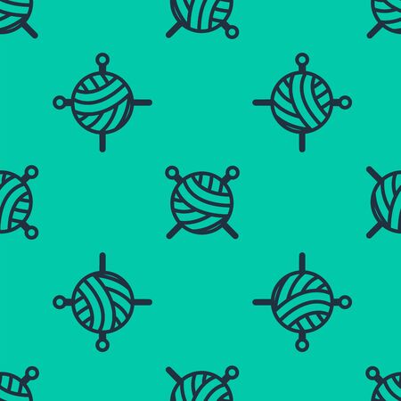 Blue line Yarn ball with knitting needles icon isolated seamless pattern on green background. Label for hand made, knitting or tailor shop. Vector Illustrationのイラスト素材