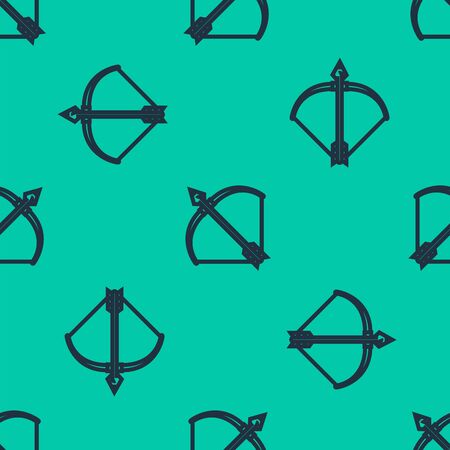 Blue line Bow and arrow in quiver icon isolated seamless pattern on green background. Vector Illustrationのイラスト素材