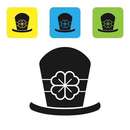 Black Leprechaun hat and four leaf clover icon isolated on white background. Happy Saint Patricks day. Set icons colorful square buttons. Vector Illustrationのイラスト素材